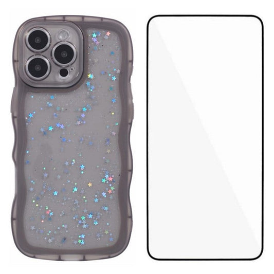 WANLONFENG JWT Series for iPhone 16 Pro TPU Case Epoxy Phone Cover Wavy Edge with Tempered Glass - Transparent Black