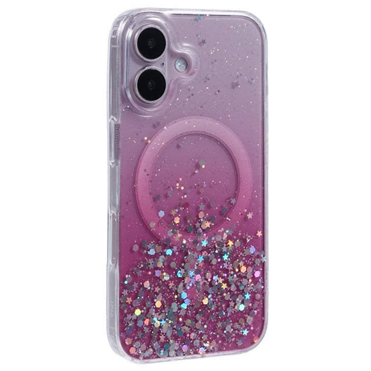 WANLONFENG JWT1 Series for iPhone 16 Magnetic Case Epoxy Glitter TPU Phone Cover with Tempered Glass Film - Pink