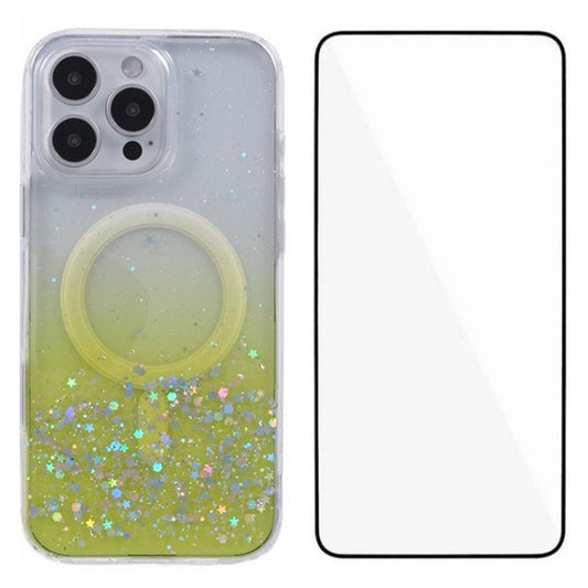 WANLONFENG JWT1 Series for iPhone 16 Pro Magnetic Case Epoxy Glitter TPU Phone Cover with Tempered Glass Film - Yellow
