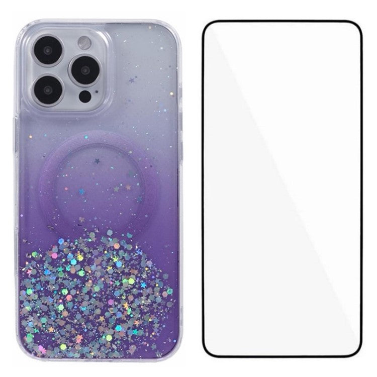 WANLONFENG JWT1 Series for iPhone 16 Pro Magnetic Case Epoxy Glitter TPU Phone Cover with Tempered Glass Film - Purple