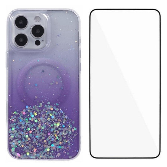 WANLONFENG JWT1 Series for iPhone 16 Pro Magnetic Case Epoxy Glitter TPU Phone Cover with Tempered Glass Film - Purple
