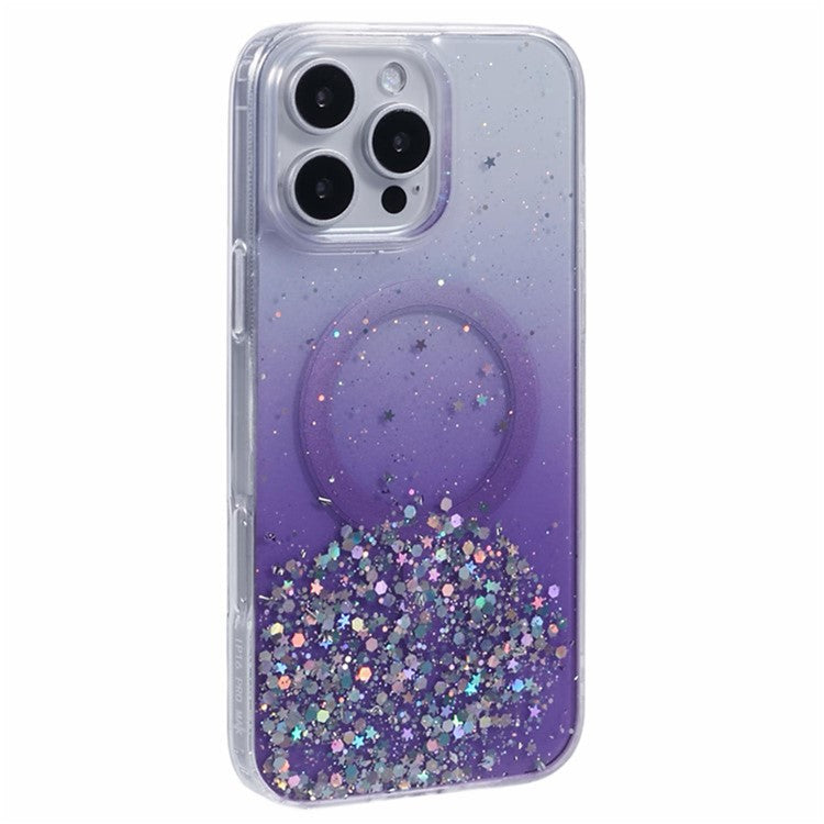 WANLONFENG JWT1 Series for iPhone 16 Pro Magnetic Case Epoxy Glitter TPU Phone Cover with Tempered Glass Film - Purple
