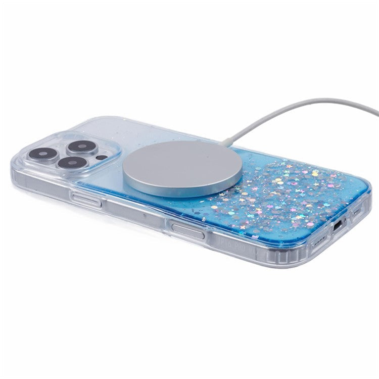 WANLONFENG JWT1 Series for iPhone 16 Pro Magnetic Case Epoxy Glitter TPU Phone Cover with Tempered Glass Film - Purple