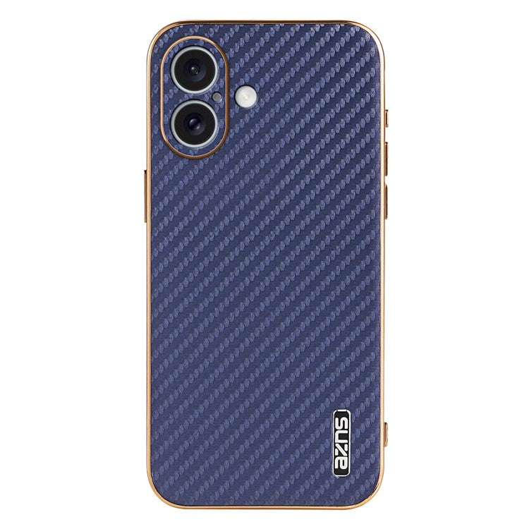 AZNS For iPhone 16 Case Electroplating Carbon Fiber Texture PU+TPU Phone Cover - Blue