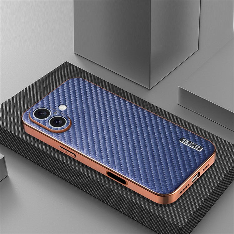 AZNS For iPhone 16 Case Electroplating Carbon Fiber Texture PU+TPU Phone Cover - Blue