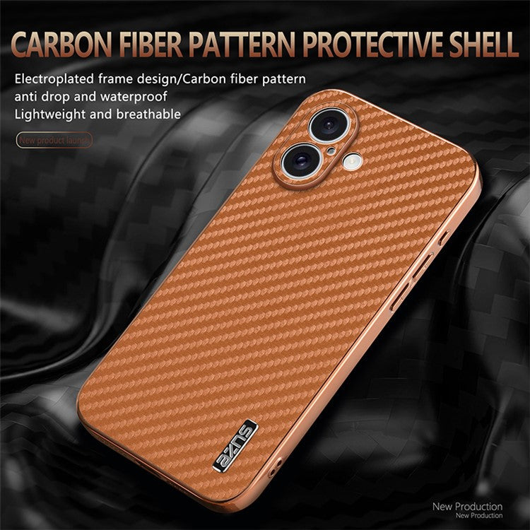 AZNS For iPhone 16 Case Electroplating Carbon Fiber Texture PU+TPU Phone Cover - Blue
