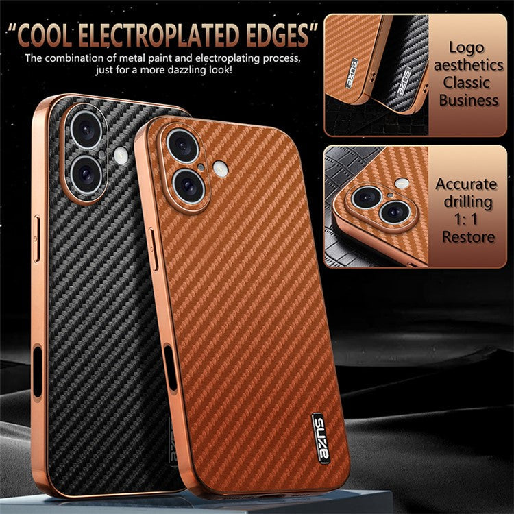 AZNS For iPhone 16 Case Electroplating Carbon Fiber Texture PU+TPU Phone Cover - Blue