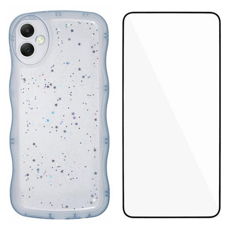 WANLONFENG JWT Series for Samsung Galaxy A05 4G TPU Case Epoxy Phone Cover Wavy Edge with Tempered Glass - Transparent Blue