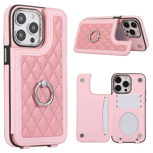For iPhone 16 Pro Case Anti-Drop TPU+PU Leather Phone Cover with Ring Kickstand and Shoulder Strap - Pink