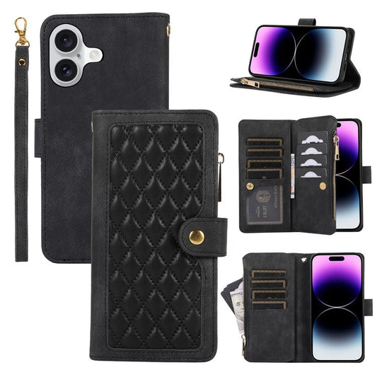 For iPhone 16 Plus Case TPU+PU Leather Zipper Pocket Wallet Phone Cover with Wrist Strap - Black