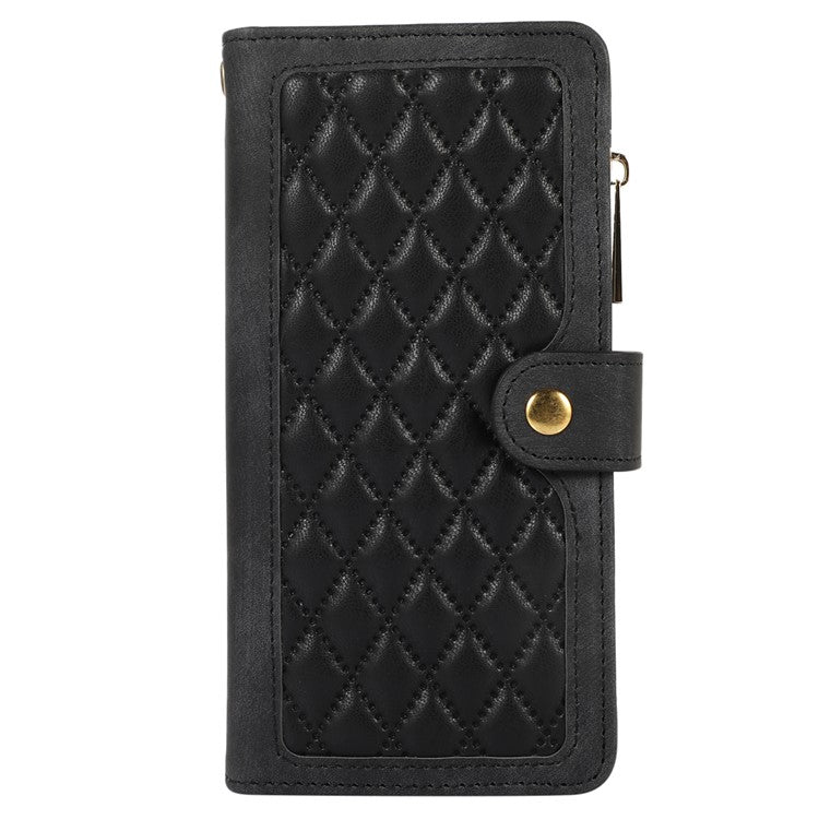 For iPhone 16 Plus Case TPU+PU Leather Zipper Pocket Wallet Phone Cover with Wrist Strap - Black