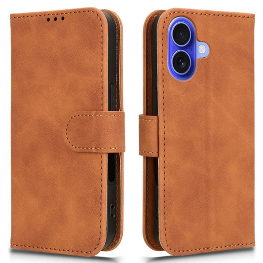For iPhone 16 Leather Case Skin-Feel Anti-Drop Wallet Flip Phone Cover - Brown