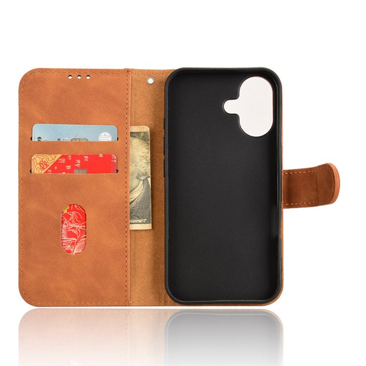 For iPhone 16 Leather Case Skin-Feel Anti-Drop Wallet Flip Phone Cover - Brown