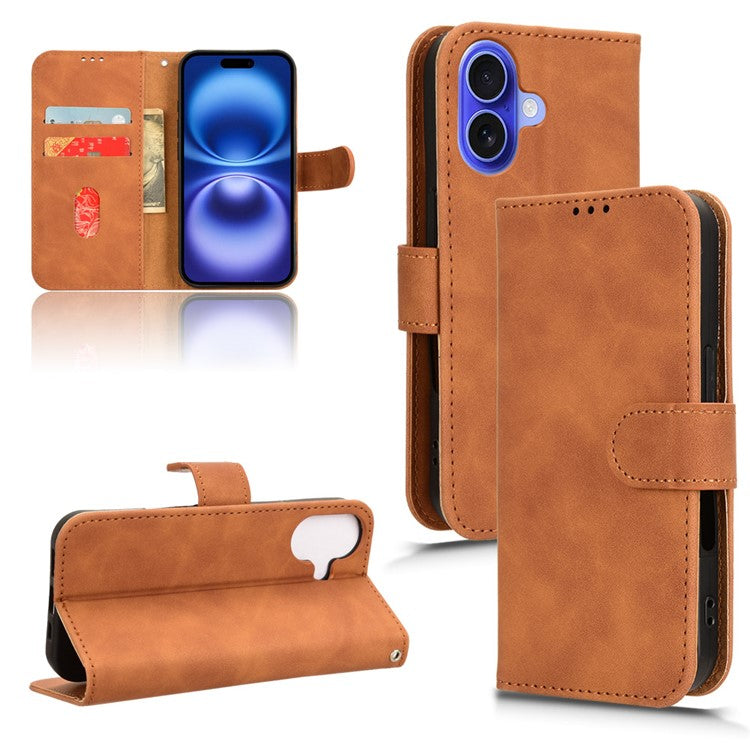 For iPhone 16 Leather Case Skin-Feel Anti-Drop Wallet Flip Phone Cover - Brown