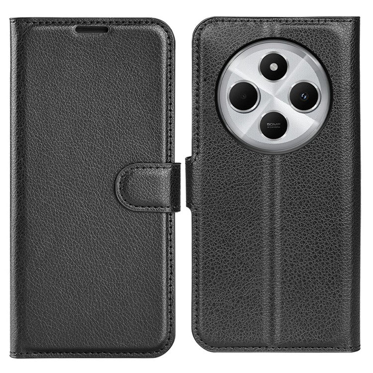 For Xiaomi Poco C75 4G / Redmi 14R 5G / 14C 4G Case Litchi Texture Shockproof Leather Wallet Phone Cover - Black