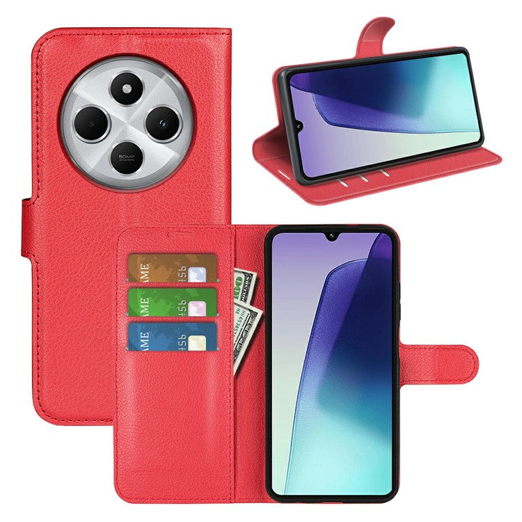 For Xiaomi Poco C75 4G / Redmi 14R 5G / 14C 4G Case Litchi Texture Shockproof Leather Wallet Phone Cover - Red