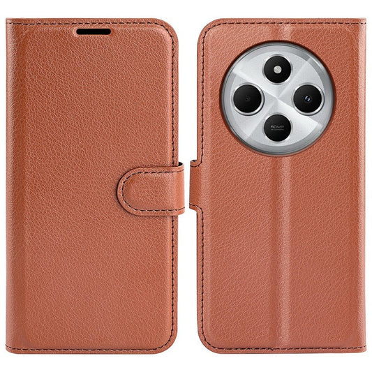 For Xiaomi Poco C75 4G / Redmi 14R 5G / 14C 4G Case Litchi Texture Shockproof Leather Wallet Phone Cover - Brown