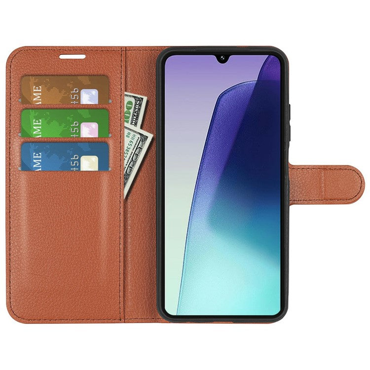 For Xiaomi Poco C75 4G / Redmi 14R 5G / 14C 4G Case Litchi Texture Shockproof Leather Wallet Phone Cover - Brown