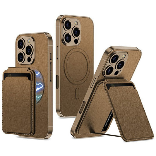 GKK For iPhone 16 Pro Case Compatible with MagSafe PU+PC Phone Shell with Card Holder Kickstand - Brown