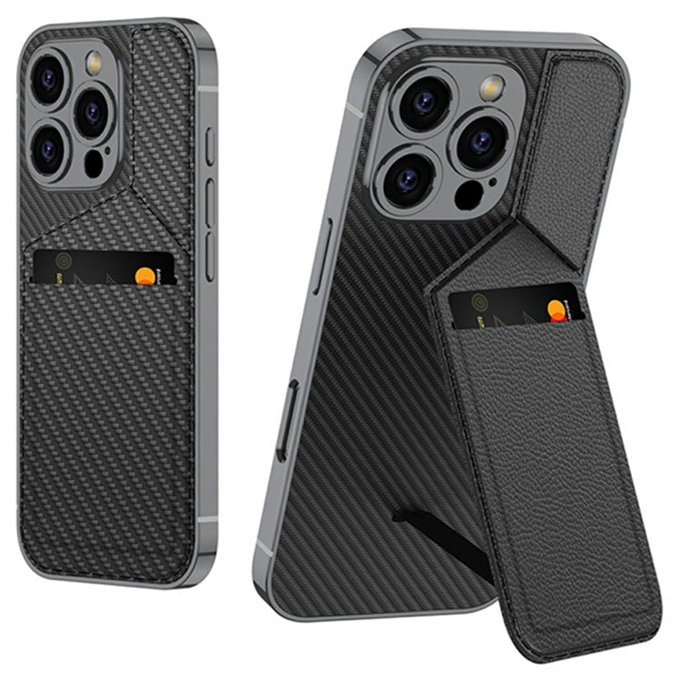 GKK For iPhone 16 Pro Case Shockproof TPU+PC+PU Phone Shell with Card Holder Kickstand - Titanium Grey