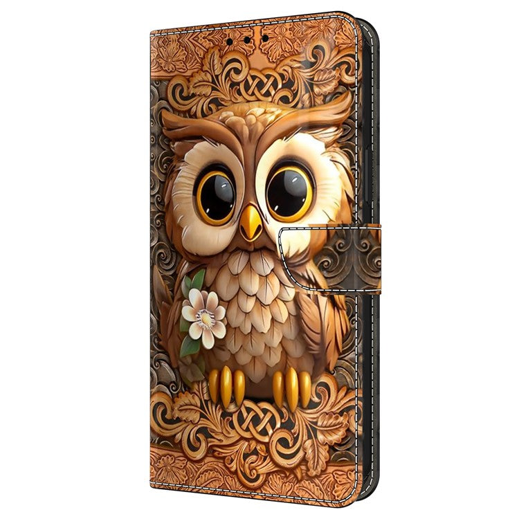 For iPhone 16 Case Pattern Printed Protective Cover TPU+PU Leather Flip Phone Case - Red Owl