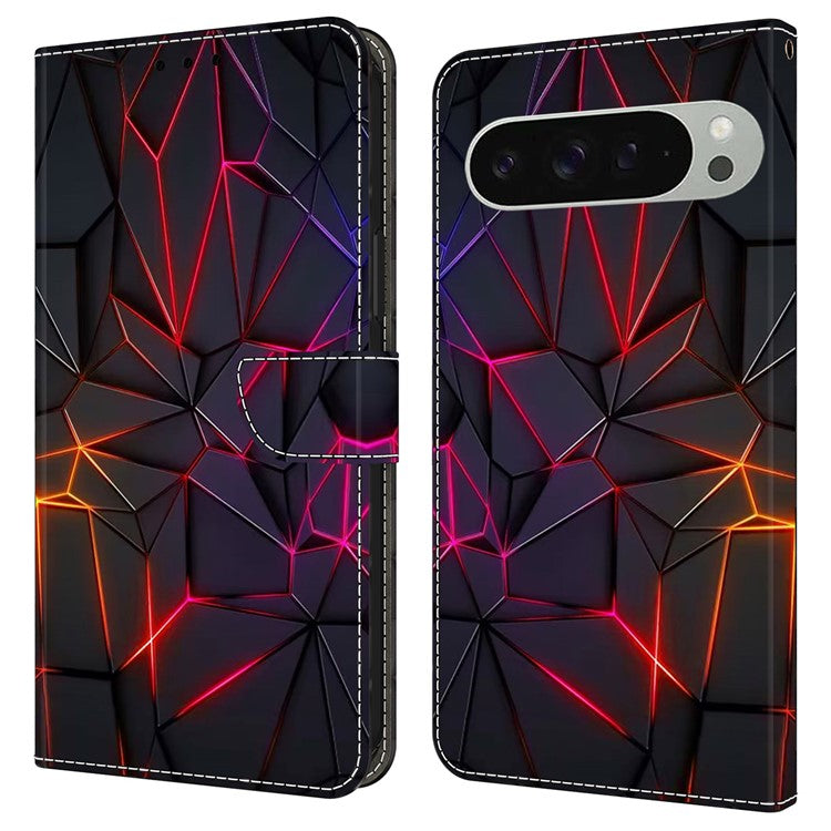 For Google Pixel 9 / Google Pixel 9 Pro Case Pattern Printed Protective Cover TPU+PU Leather Flip Phone Case - Red Cracks