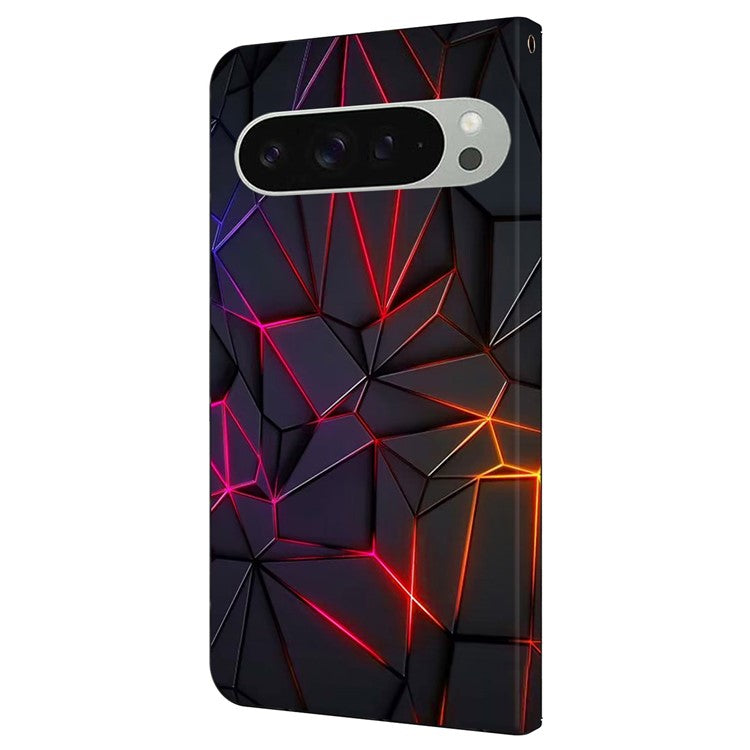 For Google Pixel 9 / Google Pixel 9 Pro Case Pattern Printed Protective Cover TPU+PU Leather Flip Phone Case - Red Cracks