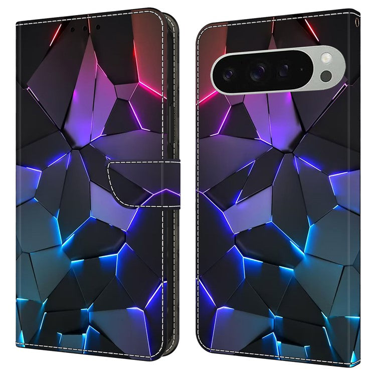 For Google Pixel 9 / Google Pixel 9 Pro Case Pattern Printed Protective Cover TPU+PU Leather Flip Phone Case - Blue Cracks