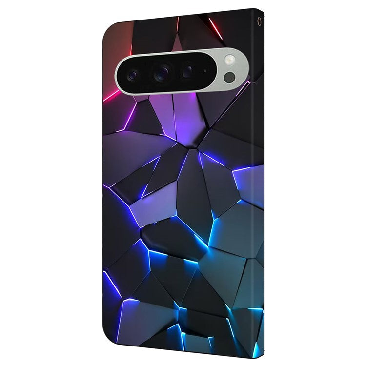 For Google Pixel 9 / Google Pixel 9 Pro Case Pattern Printed Protective Cover TPU+PU Leather Flip Phone Case - Blue Cracks