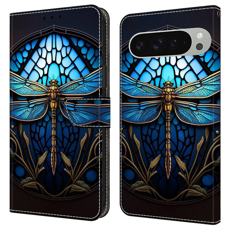For Google Pixel 9 / Google Pixel 9 Pro Case Pattern Printed Protective Cover TPU+PU Leather Flip Phone Case - Blue Dragonfly