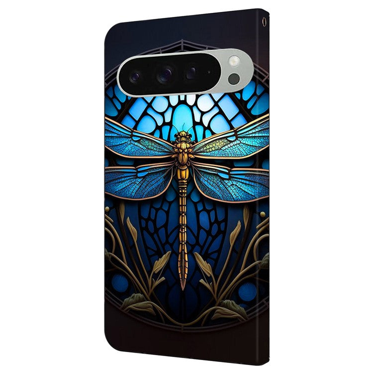 For Google Pixel 9 / Google Pixel 9 Pro Case Pattern Printed Protective Cover TPU+PU Leather Flip Phone Case - Blue Dragonfly