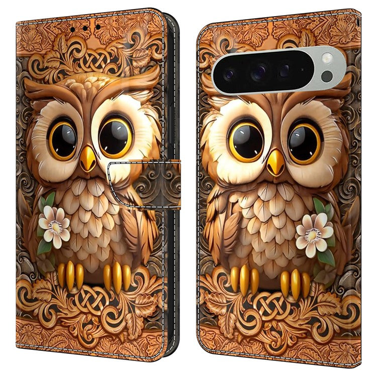 For Google Pixel 9 / Google Pixel 9 Pro Case Pattern Printed Protective Cover TPU+PU Leather Flip Phone Case - Red Owl