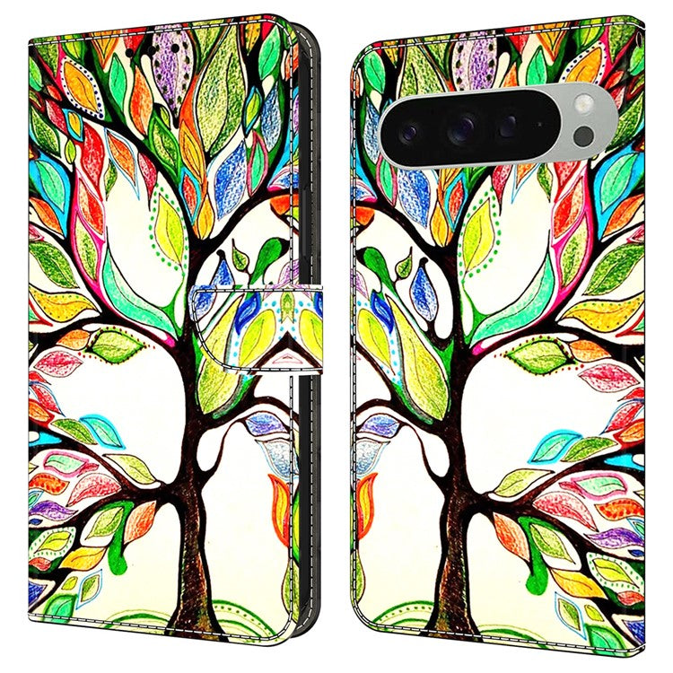 For Google Pixel 9 / Google Pixel 9 Pro Case Pattern Printed Protective Cover TPU+PU Leather Flip Phone Case - Tree