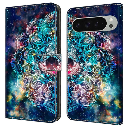 For Google Pixel 9 / Google Pixel 9 Pro Case Pattern Printed Protective Cover TPU+PU Leather Flip Phone Case - Gyro Flower