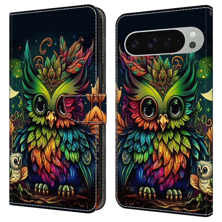 For Google Pixel 9 / Google Pixel 9 Pro Case Pattern Printed Protective Cover TPU+PU Leather Flip Phone Case - Colorful Owl