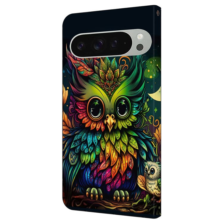 For Google Pixel 9 / Google Pixel 9 Pro Case Pattern Printed Protective Cover TPU+PU Leather Flip Phone Case - Colorful Owl