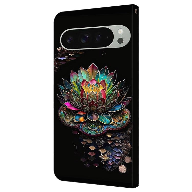 For Google Pixel 9 / Google Pixel 9 Pro Case Pattern Printed Protective Cover TPU+PU Leather Flip Phone Case - Lotus