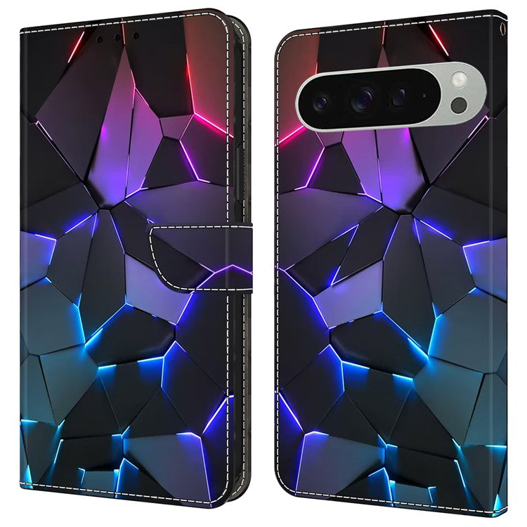 For Google Pixel 9 Pro XL Case Pattern Printed Protective Cover TPU+PU Leather Flip Phone Case - Blue Cracks