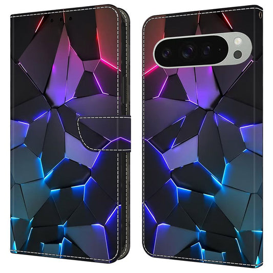 For Google Pixel 9 Pro XL Case Pattern Printed Protective Cover TPU+PU Leather Flip Phone Case - Blue Cracks