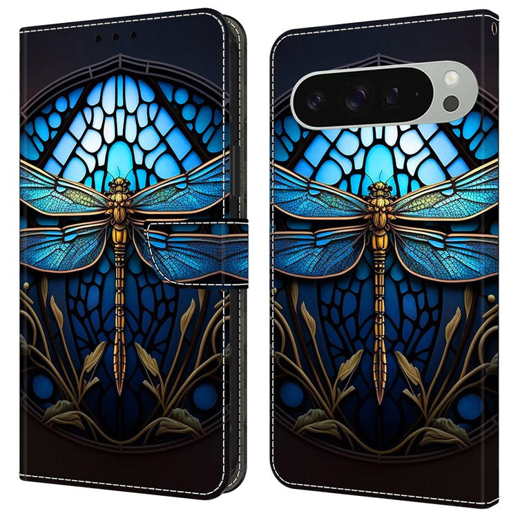 For Google Pixel 9 Pro XL Case Pattern Printed Protective Cover TPU+PU Leather Flip Phone Case - Blue Dragonfly