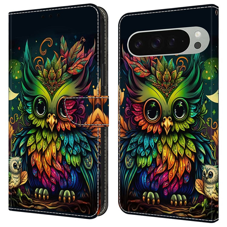 For Google Pixel 9 Pro XL Case Pattern Printed Protective Cover TPU+PU Leather Flip Phone Case - Colorful Owl