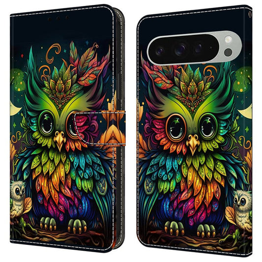 For Google Pixel 9 Pro XL Case Pattern Printed Protective Cover TPU+PU Leather Flip Phone Case - Colorful Owl