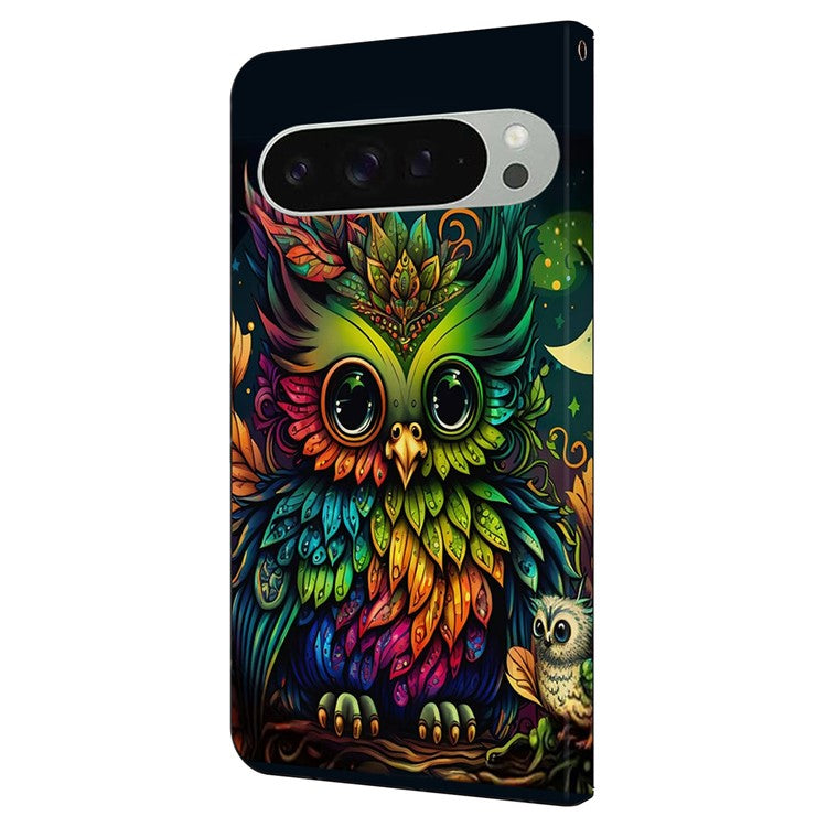 For Google Pixel 9 Pro XL Case Pattern Printed Protective Cover TPU+PU Leather Flip Phone Case - Colorful Owl