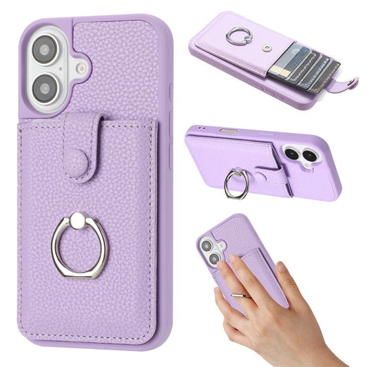 For iPhone 16 Plus Case Drawing Type Card Slots Litchi Texture Leather Back Cover with Ring Kickstand - Purple