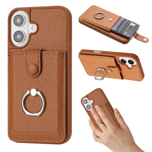 For iPhone 16 Plus Case Drawing Type Card Slots Litchi Texture Leather Back Cover with Ring Kickstand - Brown