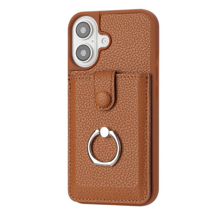For iPhone 16 Plus Case Drawing Type Card Slots Litchi Texture Leather Back Cover with Ring Kickstand - Brown