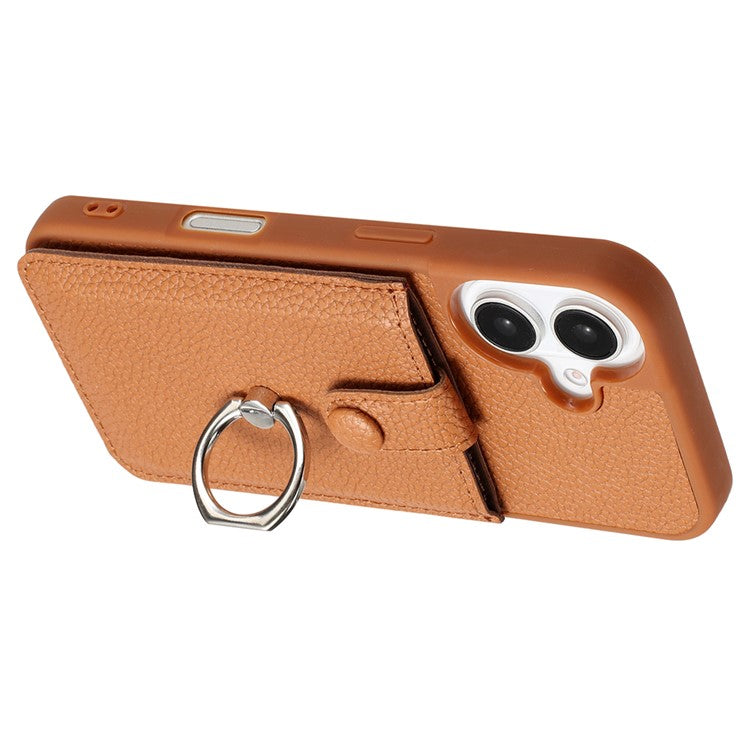 For iPhone 16 Plus Case Drawing Type Card Slots Litchi Texture Leather Back Cover with Ring Kickstand - Brown