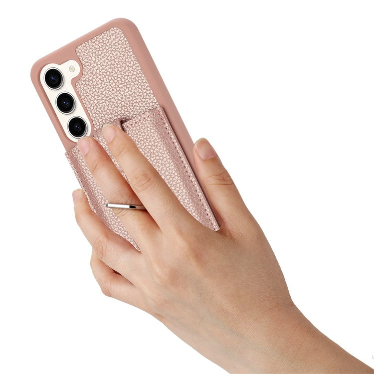 For Samsung Galaxy S23+ Case Drawing Type Card Slots Litchi Texture Leather Back Cover with Ring Kickstand - Rose Gold