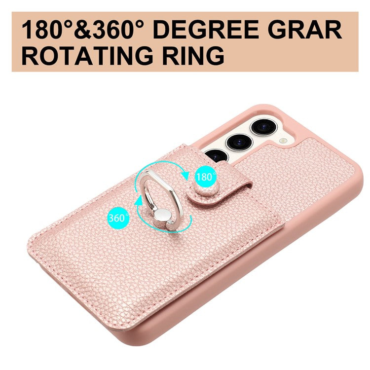 For Samsung Galaxy S23+ Case Drawing Type Card Slots Litchi Texture Leather Back Cover with Ring Kickstand - Rose Gold