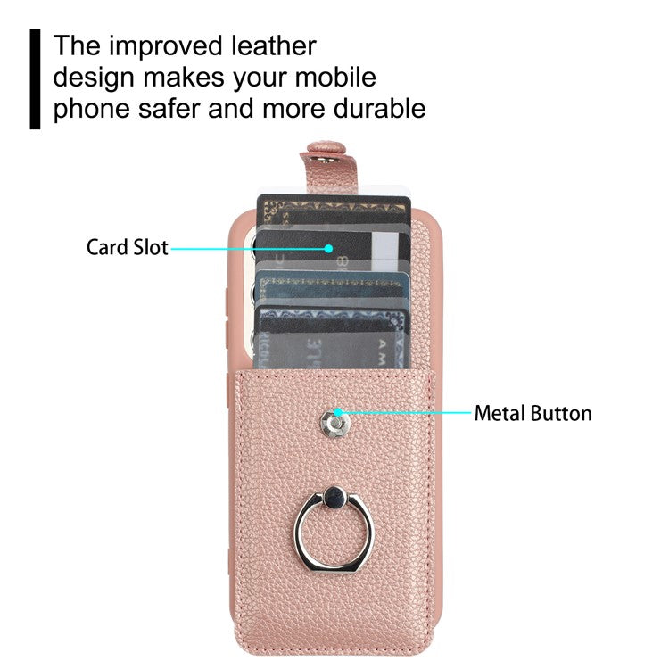 For Samsung Galaxy S23+ Case Drawing Type Card Slots Litchi Texture Leather Back Cover with Ring Kickstand - Rose Gold